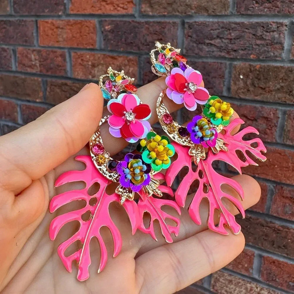 Zara Monstera Leaf Tropical Statement Drop Earrings - Picture 10 of 10